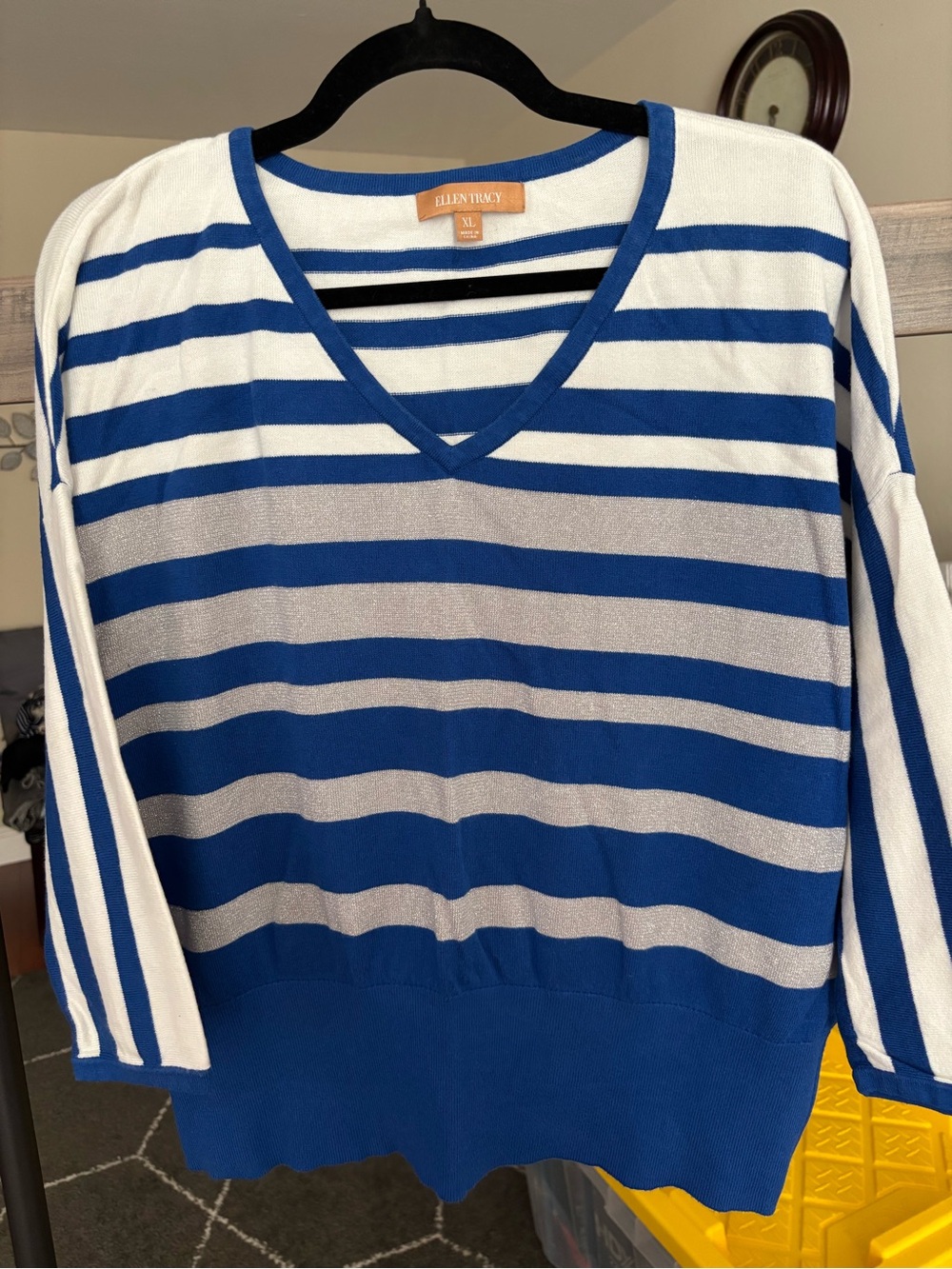 Ellen Tracy Blue, White & Gray Striped V-Neck Sweater